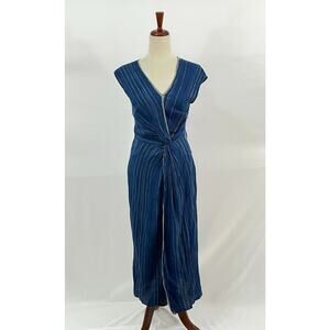 MAKU Sz XS Blue Stripe Print Dione Dress Cotton Twist Midi Handmade India